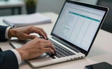 Close-up of professional hands typing on a laptop and reviewing accounting spreadsheets in a Brazilian office setting, professional desk setup, sharp focus, natural office lighting with muted teal tones.
