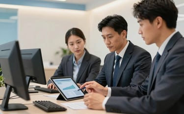 A professional business setting where health managers in Dark Charcoal Blue suits are reviewing pharmaceutical data on a tablet. The room is modern and airy with Warm Off-white walls and Sky Soft Blue accents. Sharp focus on the technology and professional interaction.