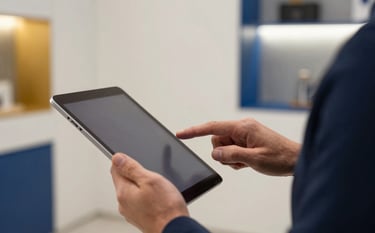 A close-up of a professional in a modern Western European / Dutch studio, focused on a sleek tablet. The environment is organized and expert-looking, with soft off-white walls and steel blue details. Golden yellow accents appear in the decor. Sharp focus on the hands and device, shallow depth of field, high-quality corporate style.