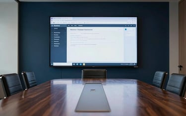 An interior view of a high-tech Western European / Dutch meeting room. A large screen displays a clean interface, reflected in the polished dark wood table. Professional results-driven mood. Lighting is crisp, utilizing deep dark blue and soft off-white tones. Commercial architectural photography.