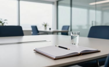 A sophisticated, bright glass-walled meeting room. In the background, blurred office elements in navy blue and cloud white. On the table, a single leather-bound planner and a glass of water. Professional, strategic, and calm mood. Soft morning light.