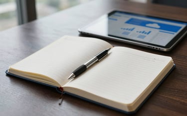 Close-up of a professional desk with a notebook, a sleek pen, and a tablet displaying financial data in a cloud white and steel blue interface. Natural daylight from a large window reflects softly on the surfaces. Elegant and organized corporate atmosphere.