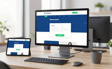 A high-end, professional desk setup featuring a tablet and a large monitor displaying a sleek website wireframe. Bright, natural lighting in a modern office, incorporating subtle brand accents in #2C6E91 and #58B092. The atmosphere is clean, productive, and trustworthy.