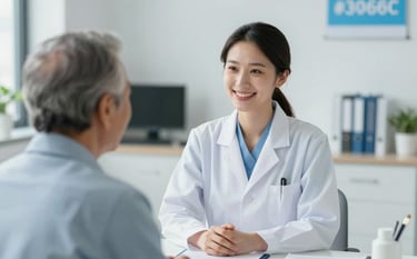 A professional female doctor in a white lab coat smiling warmly at an elderly patient during a consultation in a clean, modern medical office. The room is bright with natural light, featuring subtle brand colors #3A6B8B and #89B1C5 in the background decor and medical equipment.