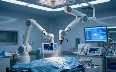 A high-tech surgical operating room at Mediaxes with advanced robotic surgical arms and glowing monitors. The lighting is efficient and futuristic with deep blue #1A2C38 and #3A6B8B tones, emphasizing precision and state-of-the-art healthcare technology.