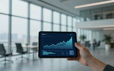 A wide shot of a modern, high-tech office space with floor-to-ceiling windows and clean architectural lines. The scene features a professional atmosphere with a soft focus on a digital tablet displaying financial growth charts. The palette incorporates deep blues (#0A1C29) and soft teals (#7B9DAA) for a sleek, corporate feel.