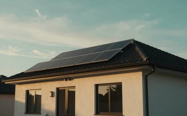 A modern family home at sunset, the sky a blend of sea green and soft off-white. The silhouette of solar panels is visible on the roof, representing security and independence from foreign gas markets.