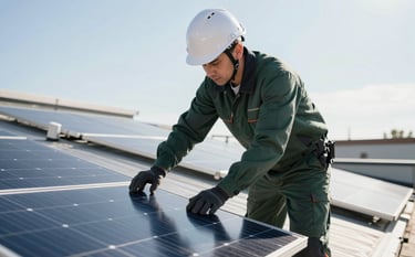 A professional installer wearing a dark slate green uniform and a white safety helmet, meticulously securing a solar panel on a bright rooftop under a clear sky. The scene is clean and high-contrast, with the sun reflecting off the solar glass.
