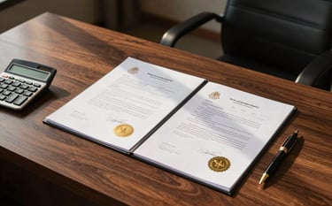 A high-angle shot of a professional mahogany desk in a South Asian law firm, featuring official documents with gold seals, a calculator, and a high-end pen, illuminated by warm morning sunlight.