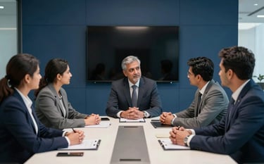 A group of South Asian professional men and women in formal attire having a collaborative business meeting in a high-tech conference room, navy blue and off-white office interior, authoritative and professional mood.