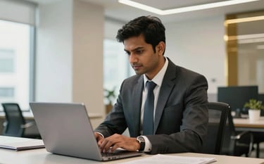 A focused South Asian professional in a sharp business suit working on a sleek laptop in a bright, modern office in Mumbai, clean lines, professional lighting, with a sophisticated atmosphere and gold-toned interior accents.