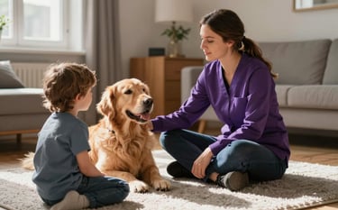 A professional therapist in a cozy Northern European room, sitting on a soft light gray carpet with a friendly Golden Retriever and a child. The scene is filled with natural sunlight, warm wood textures, and a calm, compassionate atmosphere. The therapist wears a purple cardigan.