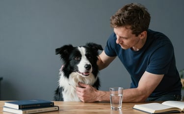 A close-up of a training session in a minimalist Baltic studio. A professional mentor is demonstrating a technique with a focused border collie. Books and a glass of water are on a wooden table. Professional, scholarly lighting, dark blue and soft gray tones.