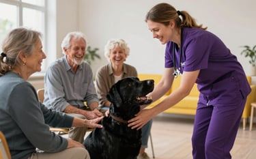 A group of seniors in a bright, modern Northern European community hall, laughing and petting a gentle black Labrador. A professional specialist in a purple uniform is guiding the interaction. Soft daylight, minimalist interior with yellow accents.
