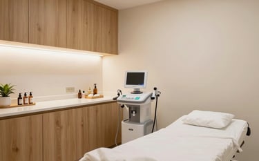 A high-end, welcoming medical consultation room in Fortaleza, South American / Brazilian aesthetics, featuring light wood accents, cream walls, and professional equipment, warm and empathetic atmosphere.