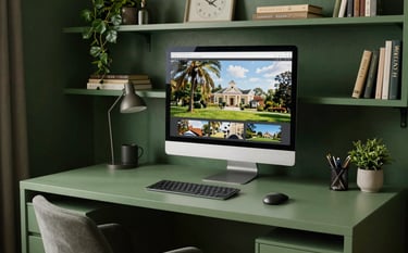 A professional home office setup in a North American / US (Florida) residence, featuring deep forest green shelving and a sleek sage green desk layout.