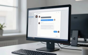 A clean, bright corporate office workspace in Pale Mist Grey and Deep Navy Blue tones. A high-end computer monitor shows a modern chat interface. Soft natural lighting from a side window, emphasizing a professional and highly efficient atmosphere.