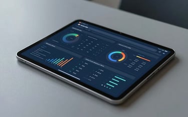 Close-up of a tablet on a minimalist desk in a Corporate Blue and Slate Grey office. The screen displays a clear, elegant business dashboard with data visualizations. Professional photography, sharp focus on the data interface, business-focused mood.