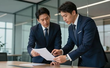 Professional business scene in a modern glass-walled meeting room. Two professionals in suits (Deep Navy Blue) discussing over a document. Avant-garde style, high-end corporate photography, lighting focusing on productivity and success.