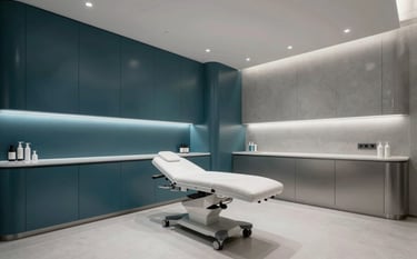 A luxury medical aesthetics clinic interior with clean minimalist architecture. Soft lighting illuminates the space, conveying a sense of premium safety and hygiene for Global / International Medical Tourism patients. Background colors consist of metallic dark cyan and cool steel gray.