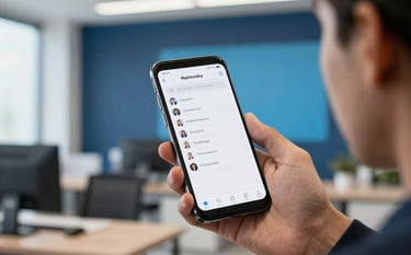 A Latin American professional using a smartphone in a modern, brightly lit office. The screen shows a clean messaging interface. Soft focus on a navy blue and sky blue corporate background, conveying efficiency and digital innovation.