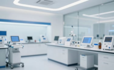 A bright, premium medical facility or modern educational laboratory. Clean white surfaces, transparent glass, sophisticated medical devices or tablets. Minimalist design, high-end finishing, professional ambiance in blues and whites (#F5F5F5, #007BFF).