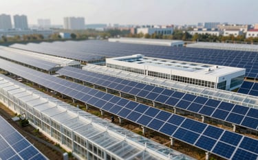 A wide-angle shot of a modern solar farm integrated with high-tech sustainable greenhouses. BMW-style precision in the architecture, clean lines, morning sunlight. The color palette features whites, grays, and deep blues (#007BFF). Represents reliability and future-thinking energy.