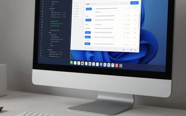A close-up of a high-end minimalist workstation with a sleek monitor showing clean software code and SaaS dashboard interfaces. Soft lighting, Apple-style aesthetics, metallic textures, and subtle deep blue reflections (#007BFF). Premium, modern professional atmosphere.