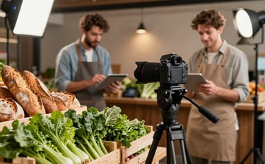 A professional photography setup in a rustic, modern food market. A camera on a tripod focuses on a crate of vibrant green leafy vegetables and artisanal bread. In the background, a content creator in Western European attire reviews a digital tablet. The scene is lit with warm, professional studio lights.