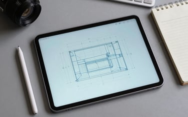 A top-down professional photograph of a designer's desk. A tablet shows a clean wireframe in soft blue. Around it are a sleek stylus and a notebook on a light grey background, representing organized technical planning.