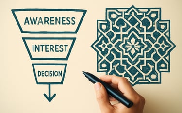An artistic close-up of a whiteboard during a strategic brainstorming session. Sketches of marketing funnels and Moroccan-inspired geometric patterns. Soft focus on hands holding a marker. The color palette emphasizes rich parchment (#FDF8ED) and deep turquoise (#0F3D4D).