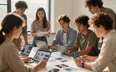Behind-the-scenes photography of a creative team planning a social media campaign. A group of diverse professionals is gathered around a table with tablets and storyboards. Warm sunlight streams through a window, illuminating the space with golden (#E9C46A) tones. Modern and dynamic vibe.