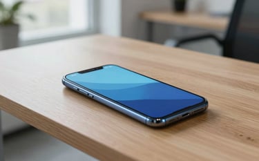 A close-up photograph of a sleek Android smartphone resting on a minimalist oak desk in a bright, modern Kyiv office. The screen shows a clean, user-friendly interface with steel blue and light blue accents. Natural daylight, professional atmosphere, Eastern European interior design.