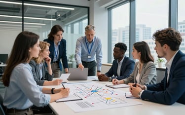 A collaborative team meeting in a contemporary Ukrainian corporate space. Diverse professionals discussing a digital roadmap near a large glass window with city views. Clean composition, professional lighting, steel blue and light blue color palette.
