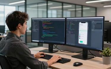 A professional software developer in a modern, glass-walled North American office working on two large monitors. One screen shows complex code and the other a mobile emulator. The workspace is clean and organized, conveying innovation and expertise.