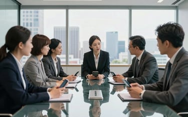 A group of professional business consultants in a sophisticated, modern North American boardroom discussing mobile strategy around a glass table. The setting is bright and forward-thinking with architectural lines and a view of a city skyline.