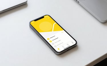 A top-down photograph of a sleek, modern smartphone on a white minimalist desk in a bright North American office. The screen shows a sophisticated app interface with vibrant yellow accents and clear navigation elements. Soft, natural morning light.