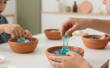 A close-up photograph of a professional slime workshop for children in a bright, modern studio in Seville, Southern European setting. Children's hands are mixing glittery slime in elegant terracotta-colored bowls. The lighting is soft and natural, emphasizing a clean, premium aesthetic with muted olive and peach accents in the background.
