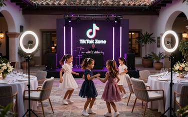 A luxury 'TikTok Zone' for children at a high-end wedding reception. Professional ring lights, neon accents in a dark purple hue, and a musical backdrop. The setting is an elegant Spanish patio with modern furniture. Kids are dancing and laughing in a stylish, supervised environment.