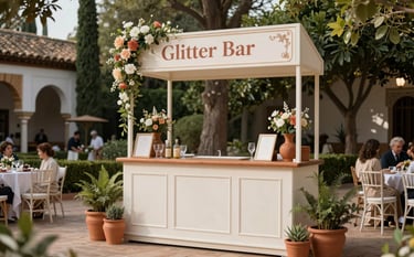 A beautifully decorated outdoor communion celebration in a Mediterranean garden in Córdoba, Southern European style. A 'Glitter Bar' station with elegant signage and professional lighting. The setup features sophisticated terracotta and off-white decorations. High-end atmosphere focused on elegant entertainment for families.