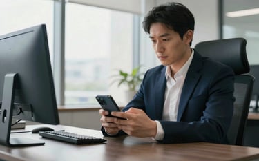 A focused professional in a modern North American / US office setting looking at a smartphone, sleek navy charcoal desk, soft morning light, professional photography.