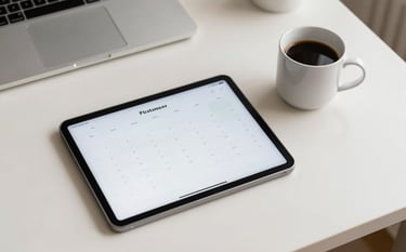 An overhead shot of a clean workspace in a North American / US home office, showing a tablet with a digital calendar and a coffee mug on a soft off-white surface.