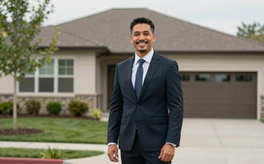 A smiling North American / US real estate agent in professional attire standing in front of a modern suburban house with growth green landscaping.