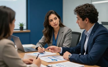 A collaborative meeting in a Brazilian corporate environment. Two professionals in business casual attire discuss a marketing campaign layout. Sophisticated atmosphere with business blue accents.