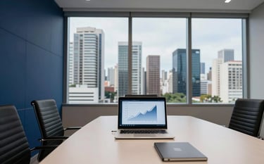 A high-end executive boardroom in a Brazilian city. Panoramic window showing a modern urban skyline. A laptop shows a growth chart. Colors are deep navy blue and off-white.