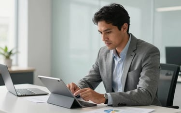 A clean, modern South American / Brazilian office setting. A focused professional reviewing a strategic sales plan on a tablet. Lighting is bright and natural. Background colors include soft white and light grayish blue tones.