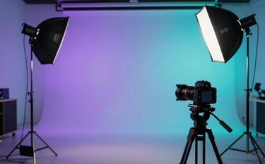 A wide photography shot of a modern North American content studio. Professional lighting equipment and a high-end camera are visible, with a backdrop glowing in soft indigo and vibrant cyan light.