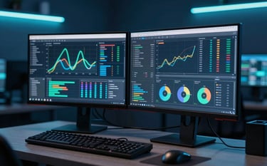 A focused shot of a professional North American tech setting. A dual-monitor setup displays vibrant colors and data visualizations in a room illuminated by deep navy blue and teal neon accents, creating a futuristic results-driven vibe.