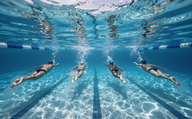A professional wide-angle underwater view of four swimmers in lanes at Aqua Jetty, Warnbro. Sophisticated cinematic style with #367C8A blues and crisp #E6F5F8 highlights showing movement through the water.
