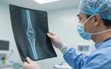 A close-up of a professional orthopedic surgeon's hands examining a high-resolution knee joint X-ray in a modern Latin American clinic. The lighting is clean and bright, using a medical blue and white color palette to convey precision and authority.